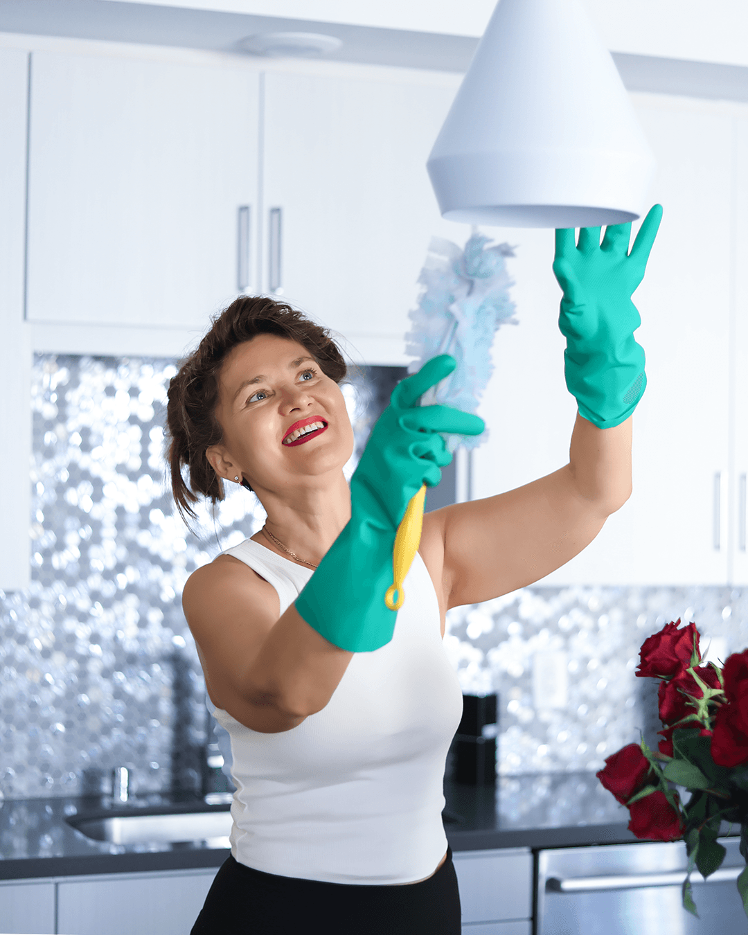 Organized cleaning supplies and professional staff ready for service